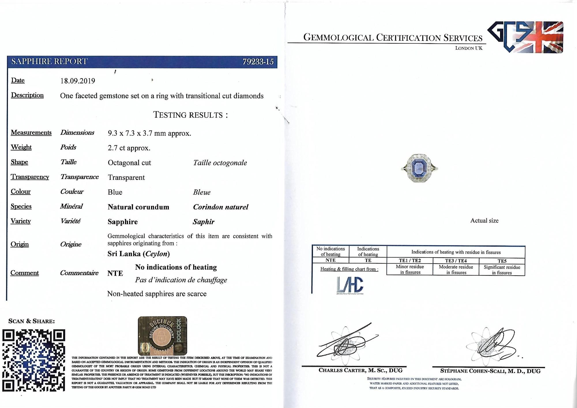 Edwardian Certified 2.70 Carat No Heat Ceylon Sapphire Diamond Platinum Ring 3