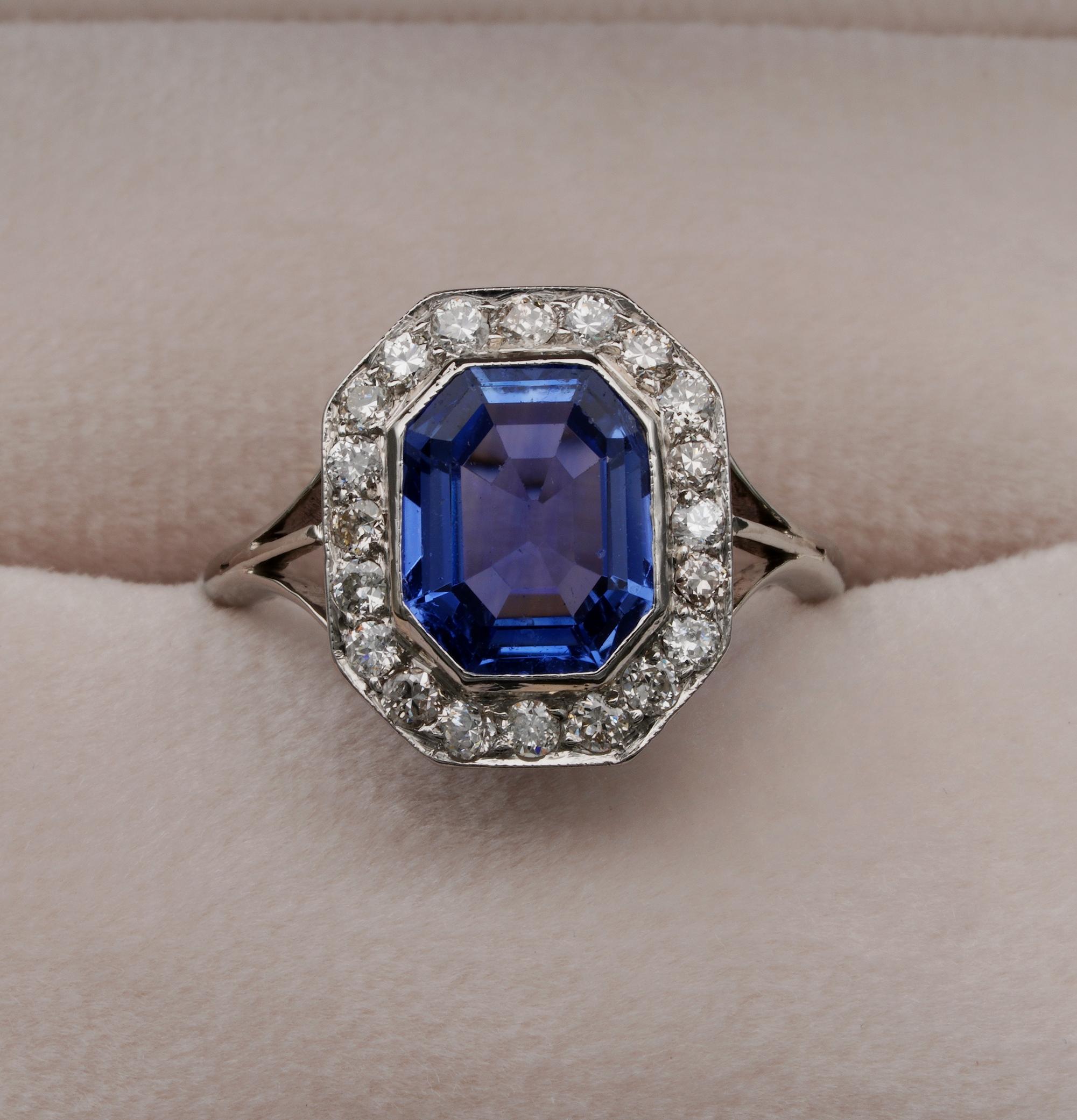 In The Myth

Magnificent example of genuine Edwardian Diamond & Sapphire engagement ring 1900 ca
A gorgeous, velvety cornflower blue beautiful octagonal cut sapphire, weighing 2.70 carats with a wider spread, glistens and glows between a frame a of