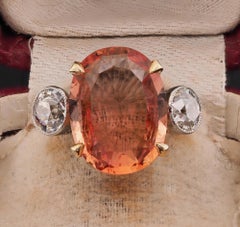 Edwardian Certified 6.35 Ct Imperial Topaz 1.20 CT Diamond three stone Ring