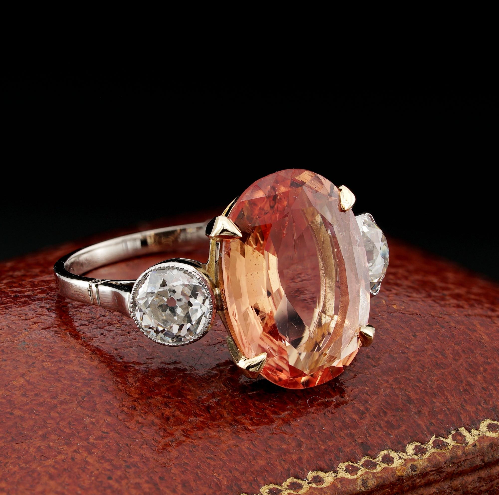 Late Victorian Edwardian Certified 6.35 Ct Imperial Topaz 1.20 CT Diamond three stone Ring For Sale