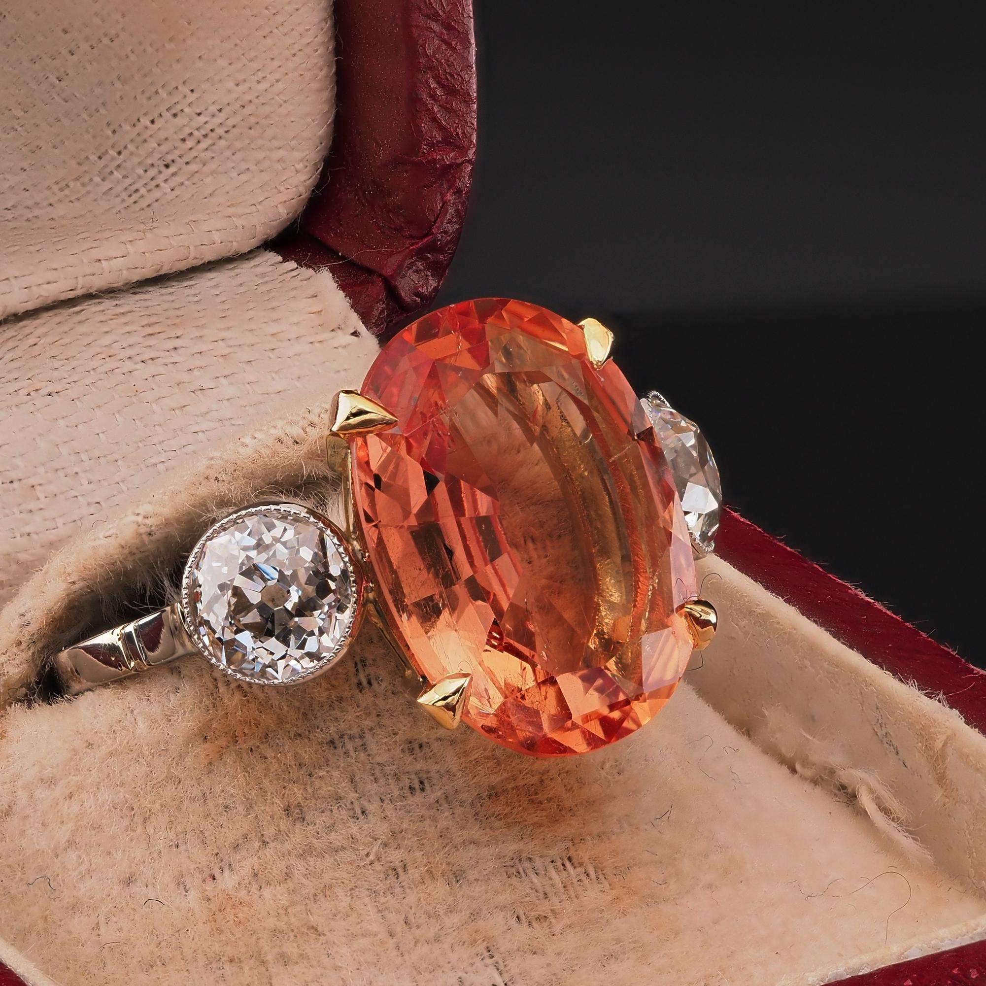 Oval Cut Edwardian Certified 6.35 Ct Imperial Topaz 1.20 CT Diamond three stone Ring For Sale