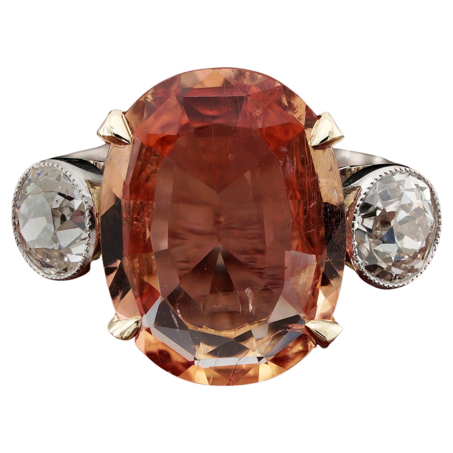 Edwardian Certified 6.35 Ct Imperial Topaz 1.20 CT Diamond three stone Ring For Sale
