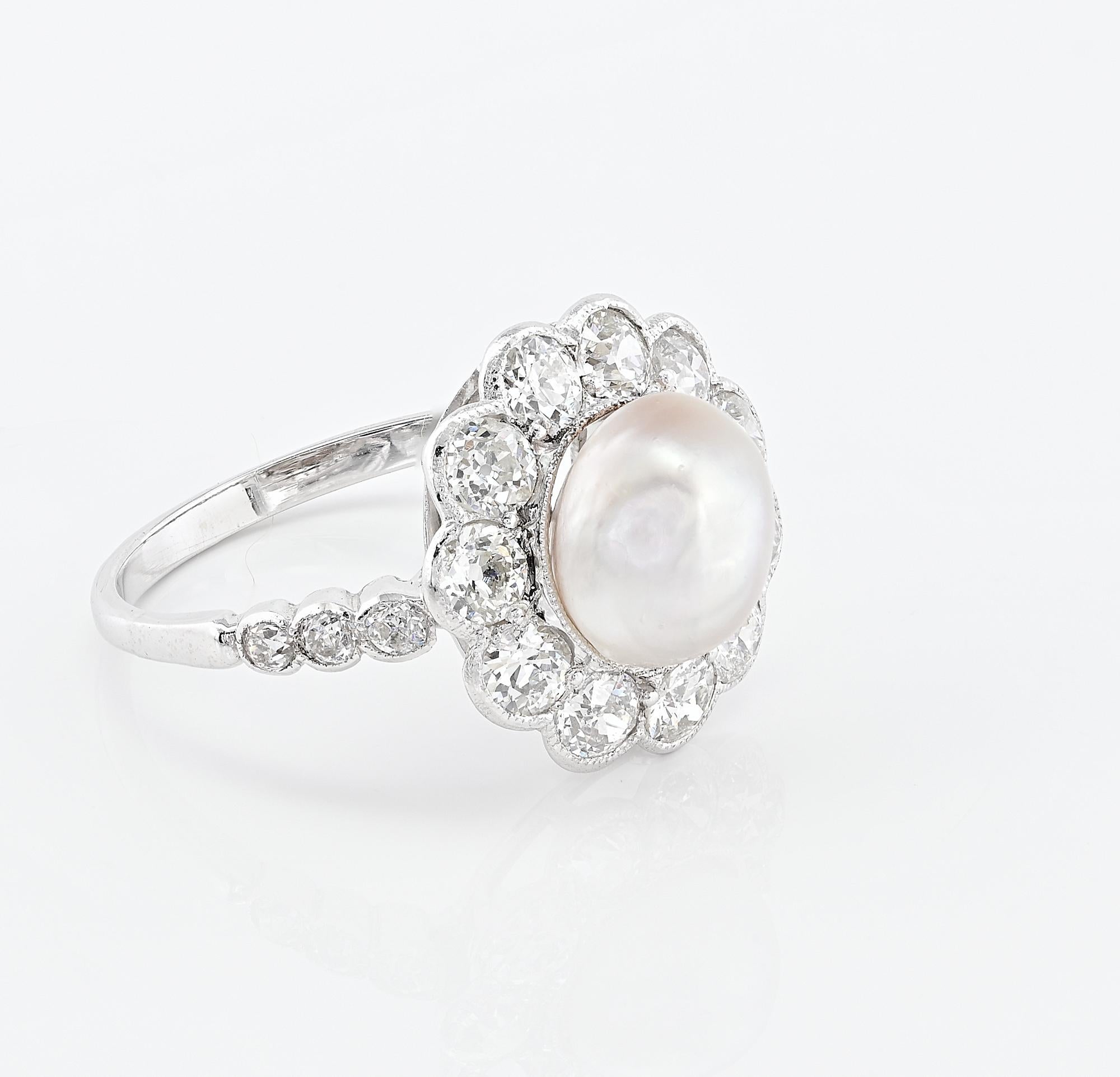 Old European Cut Edwardian Certified  8.5 mm. Natural Pearl 1.35 Ct Diamond Ring For Sale