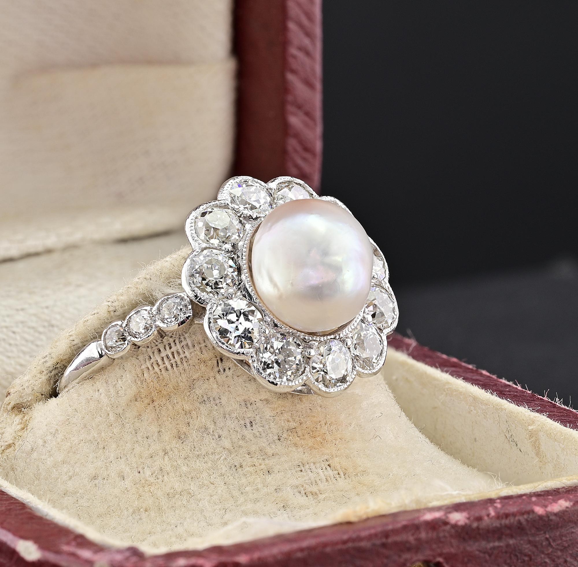Edwardian Certified  8.5 mm. Natural Pearl 1.35 Ct Diamond Ring In Good Condition For Sale In Napoli, IT
