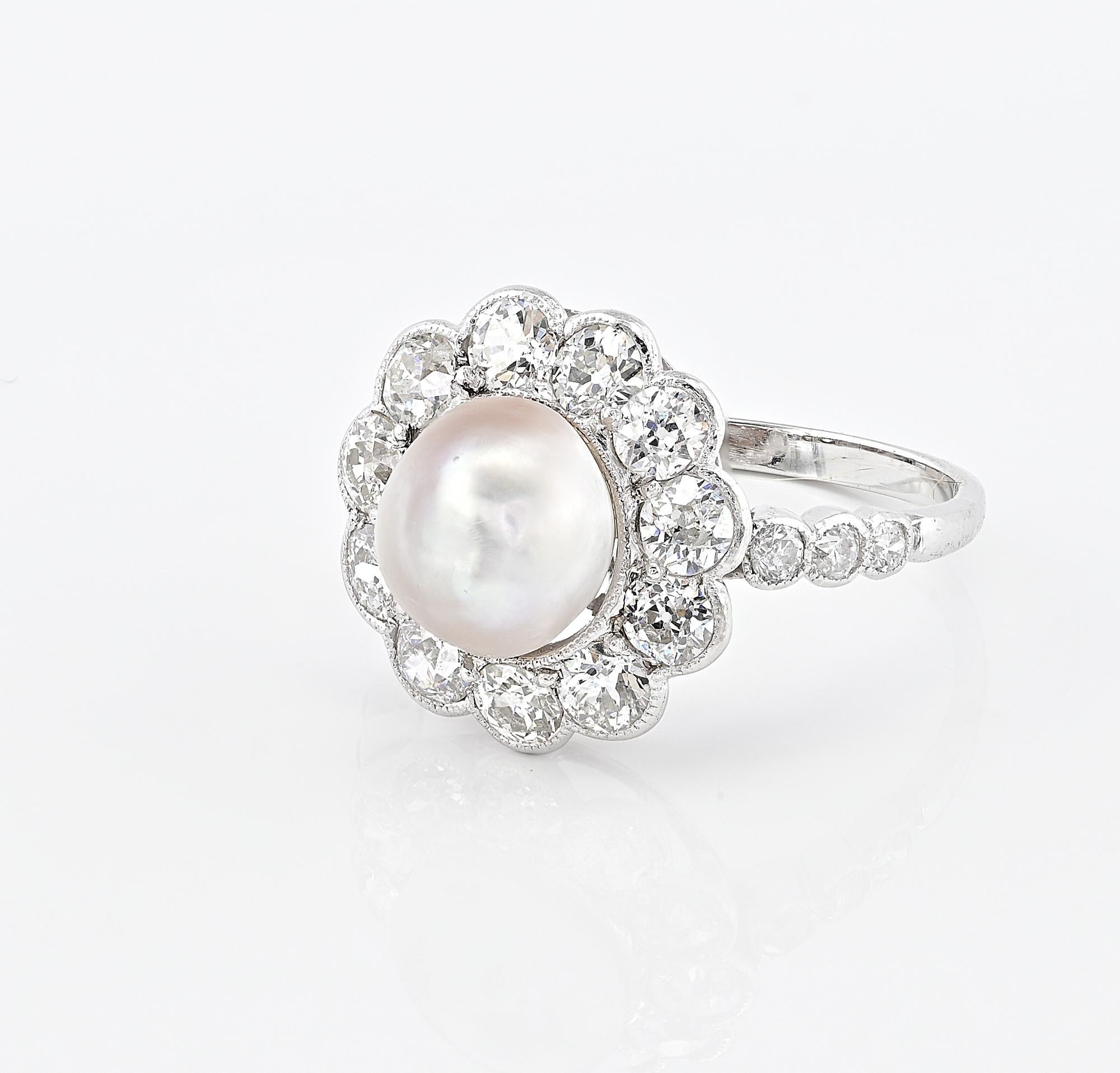 Women's Edwardian Certified  8.5 mm. Natural Pearl 1.35 Ct Diamond Ring For Sale