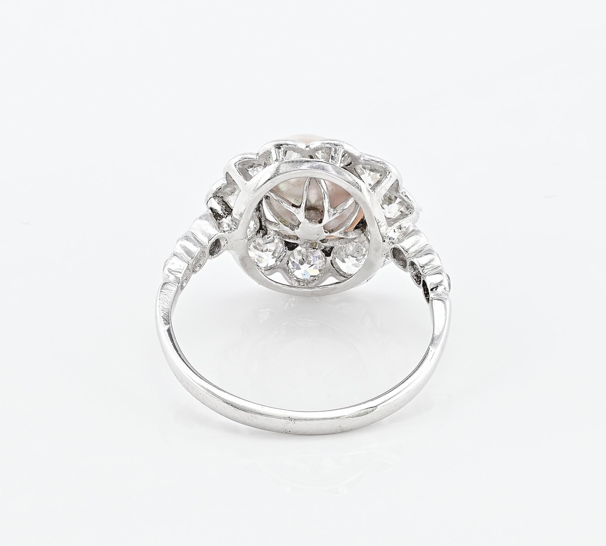 Edwardianisch zertifiziert  8,5 mm. Natürlicher Perlenring 1,35 Karat Diamantring im Angebot 1