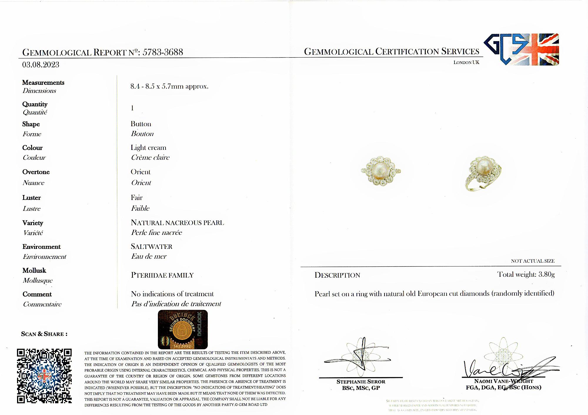 Edwardianisch zertifiziert  8,5 mm. Natürlicher Perlenring 1,35 Karat Diamantring im Angebot 2