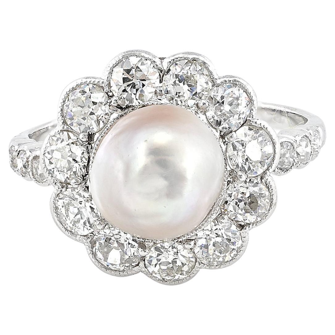 Edwardian Certified  8.5 mm. Natural Pearl 1.35 Ct Diamond Ring For Sale