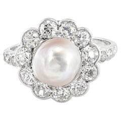 Antique Edwardian Certified  8.5 mm. Natural Pearl 1.35 Ct Diamond Ring