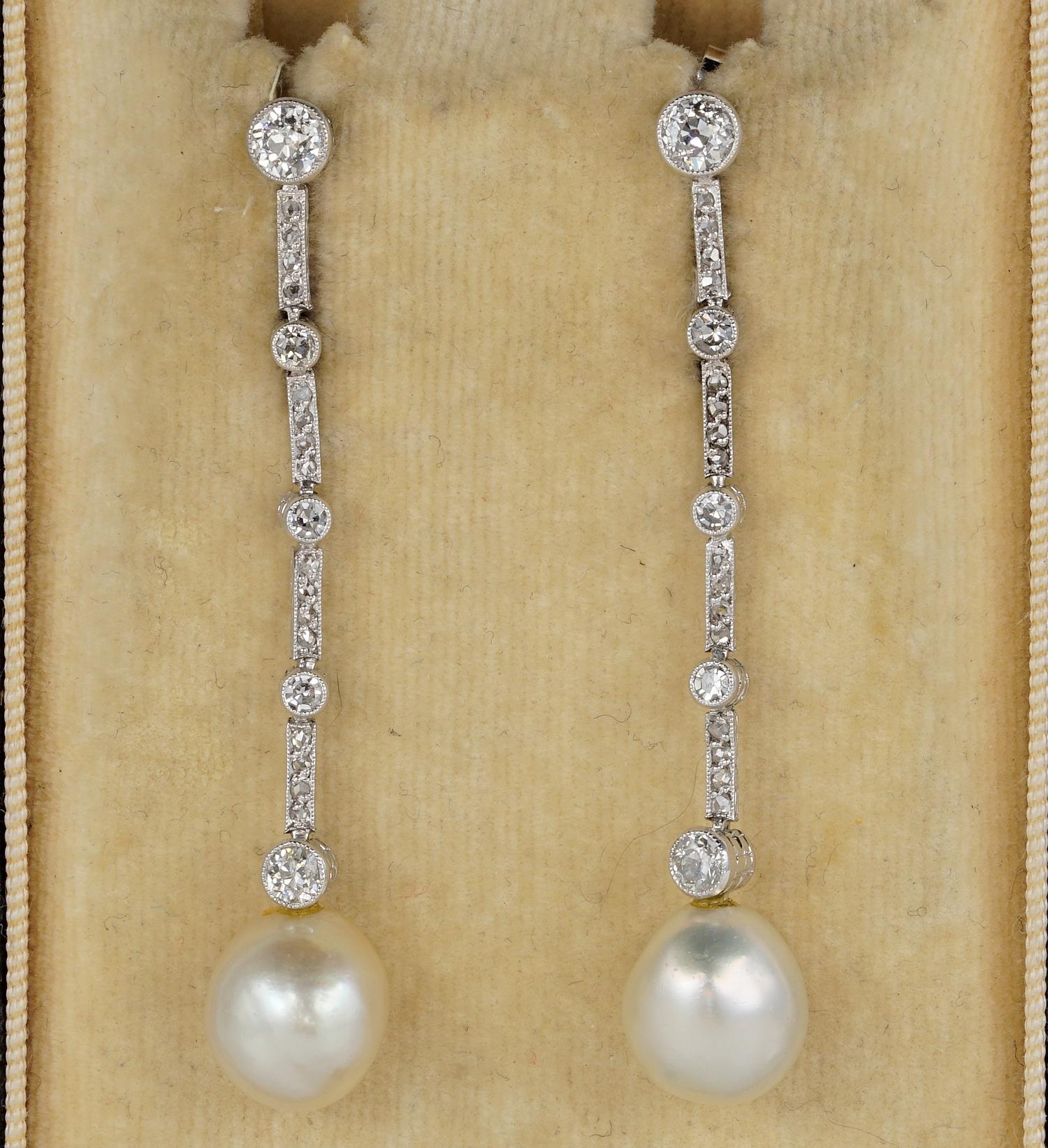This outstanding pair of earrings is Edwardian period, 1905 ca
Hand crafted of solid Platinum
Long sleek design expressed in a long line of Diamonds and suspended Pearls
Set with 1.20 Ct of Diamonds between old mine cut and rose cut – rated G