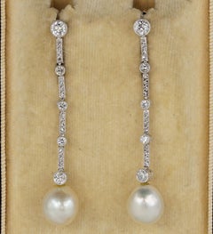 Edwardian Certified Natural Pearl Diamond Platinum Earrings