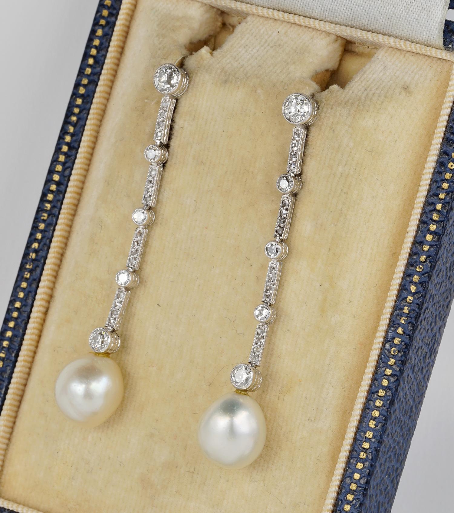 Edwardian Certified Natural Pearl Diamond Platinum Earrings In Good Condition For Sale In Napoli, IT