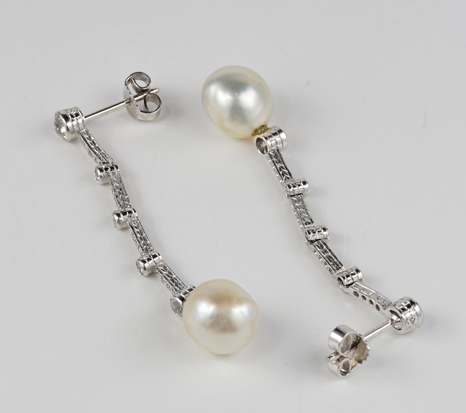 Women's Edwardian Certified Natural Pearl Diamond Platinum Earrings For Sale