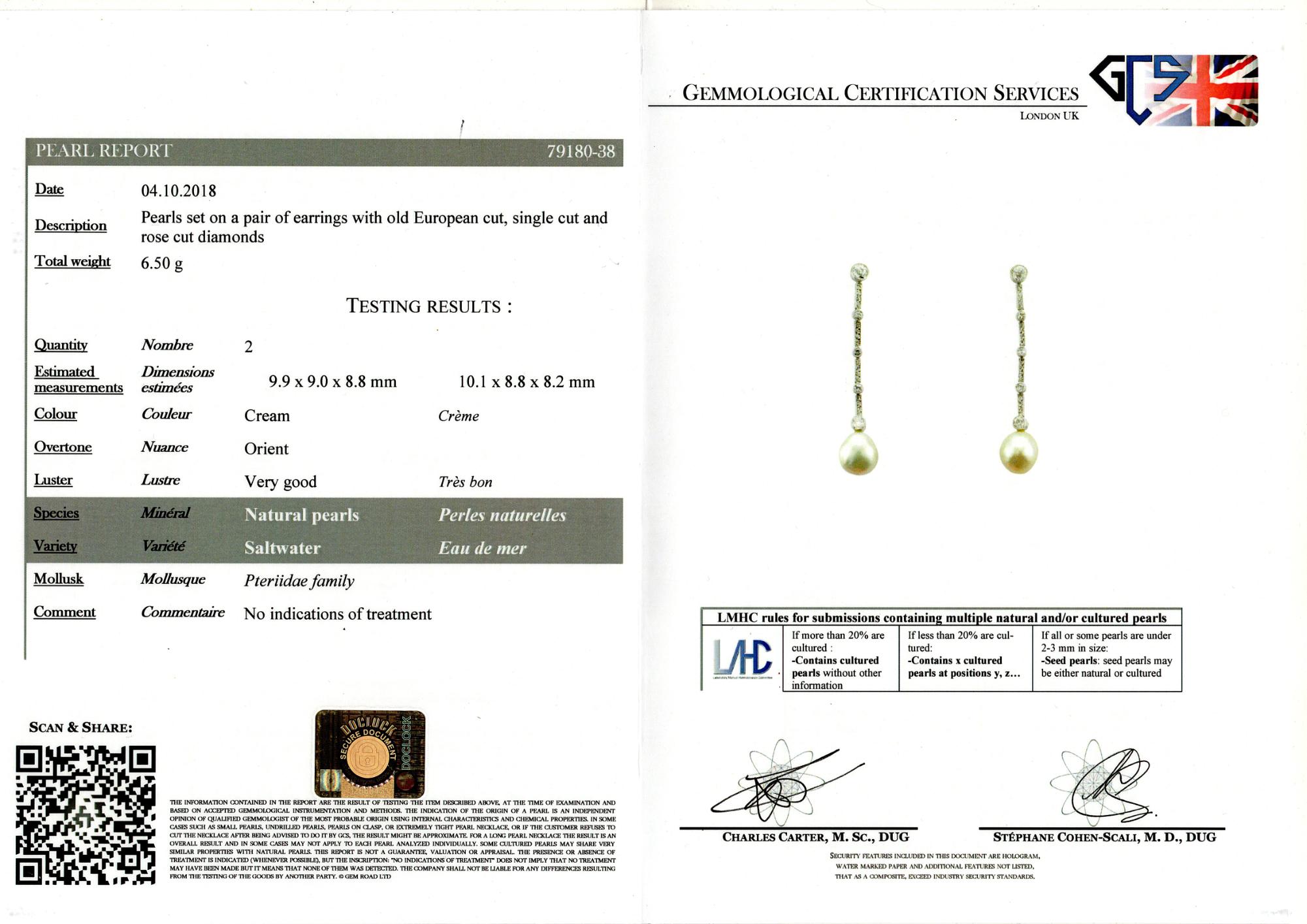 Edwardian Certified Natural Pearl Diamond Platinum Earrings For Sale 1