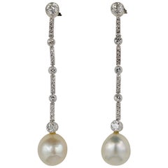 Edwardian Certified Natural Pearl Diamond Platinum Earrings