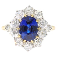 Edwardian Ceylon sapphire and diamond coronet cluster ring, circa 1910.
