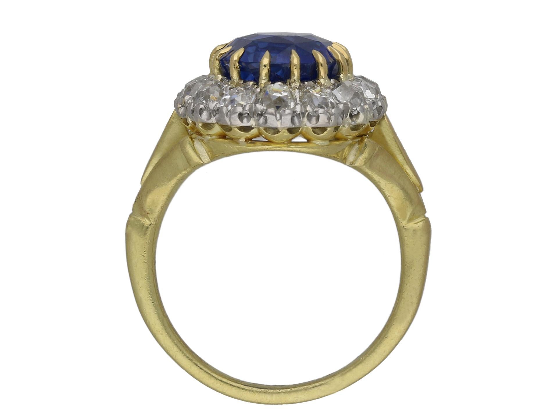 Oval Cut Edwardian Ceylon Sapphire and Diamond Coronet Cluster Ring, English, circa 1915 For Sale