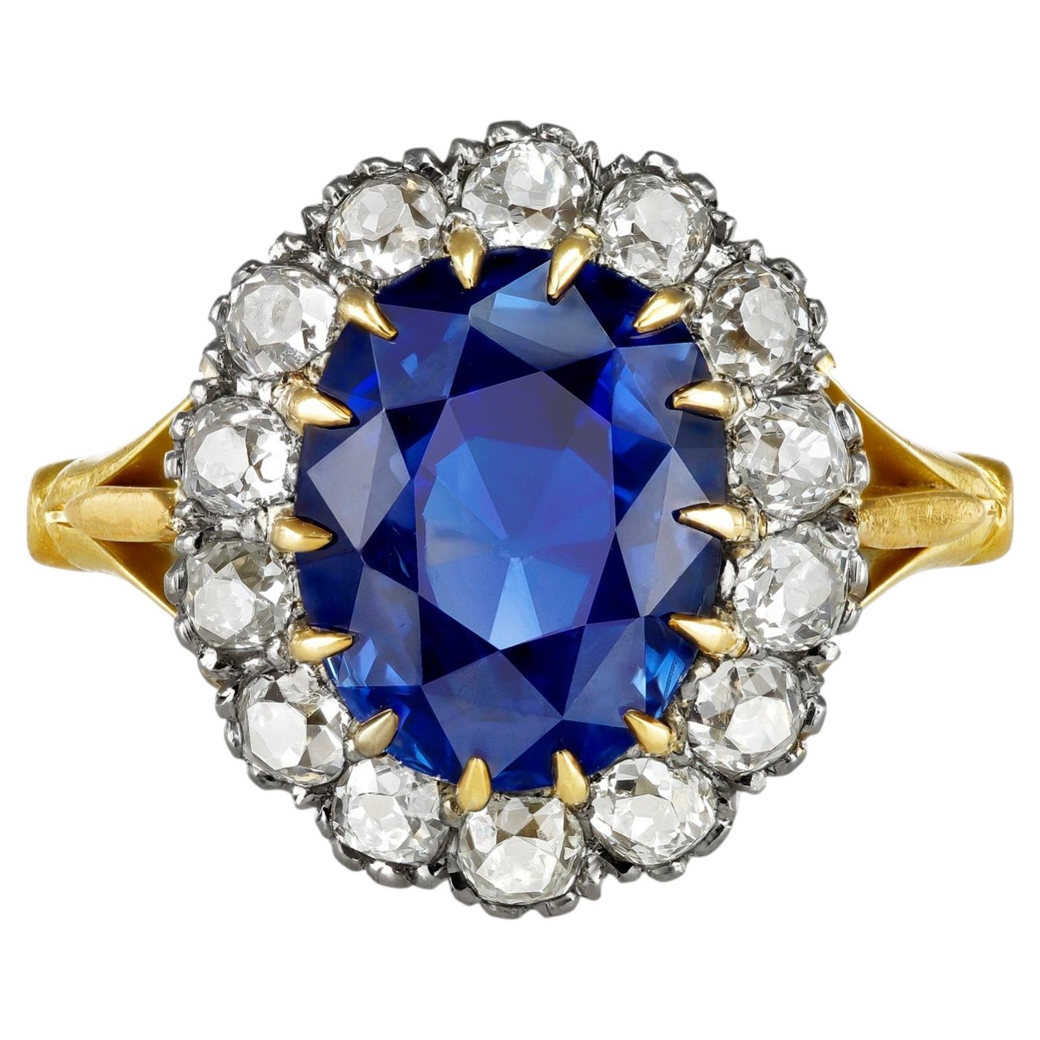 Edwardian Ceylon Sapphire and Diamond Coronet Cluster Ring, English, circa 1915