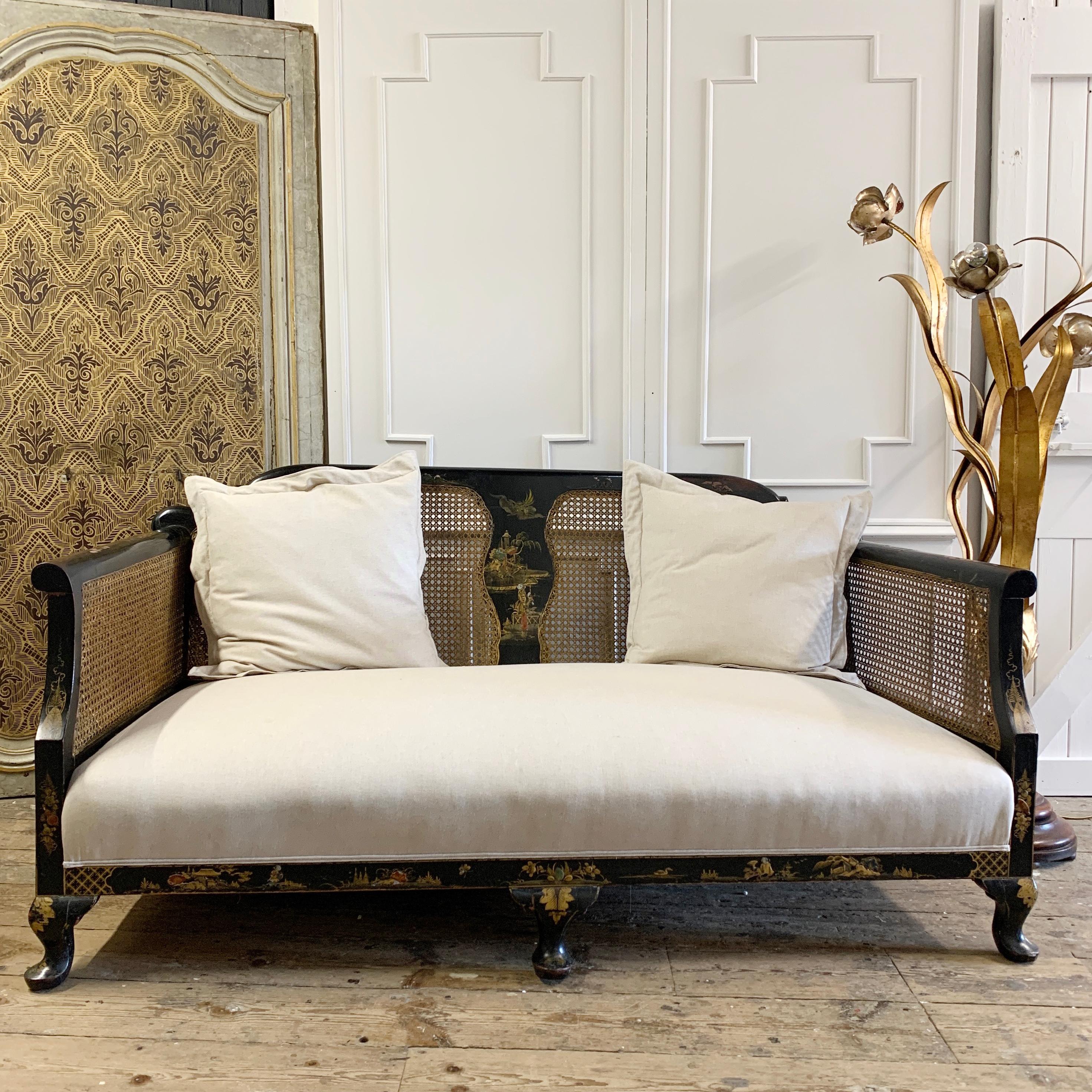 British Edwardian Black Chinoiserie Bergère Cane Settee For Sale