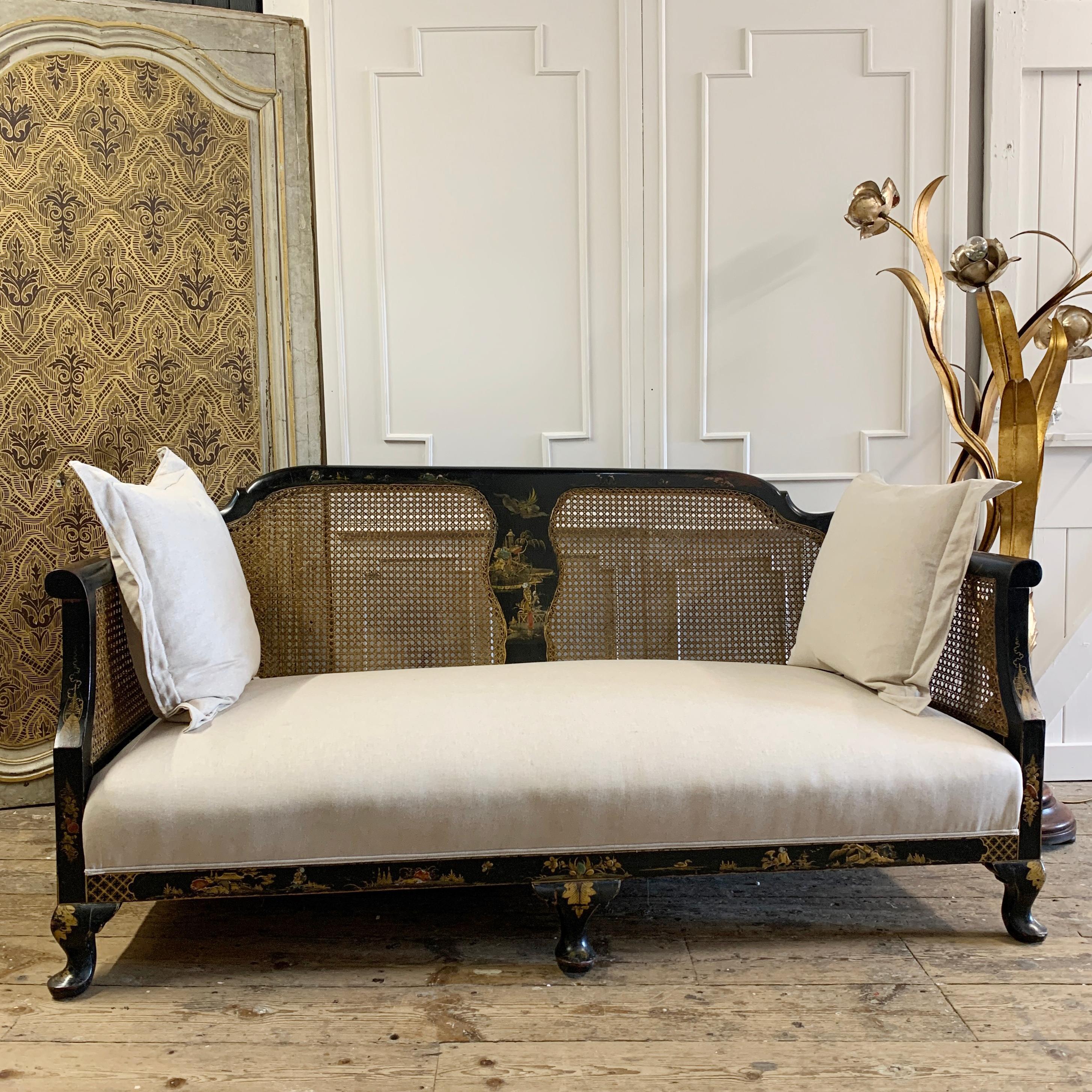 18th Century and Earlier Edwardian Black Chinoiserie Bergère Cane Settee For Sale
