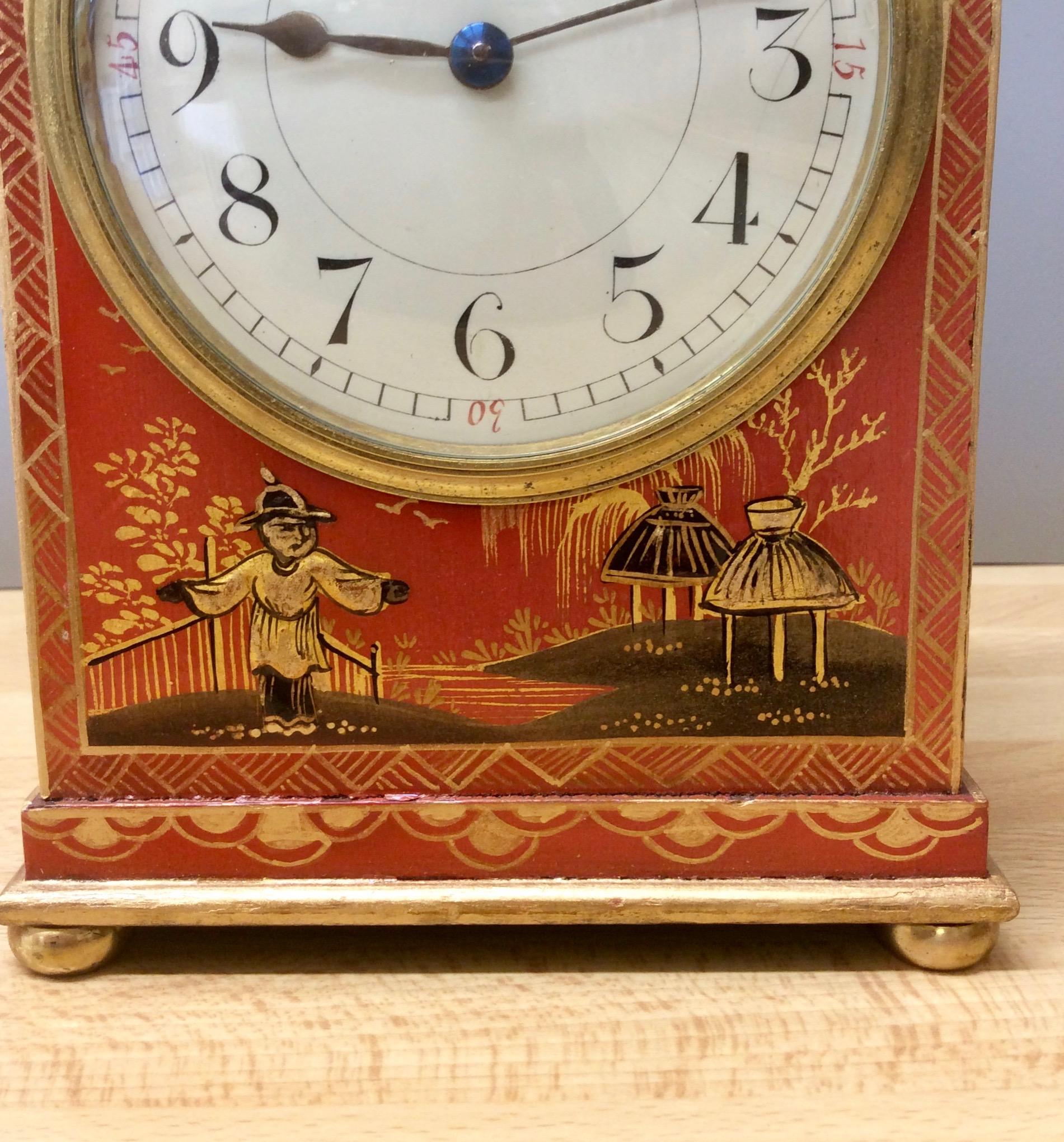 Lacquered Edwardian Chinoiserie Decorated French Mantel Clock For Sale
