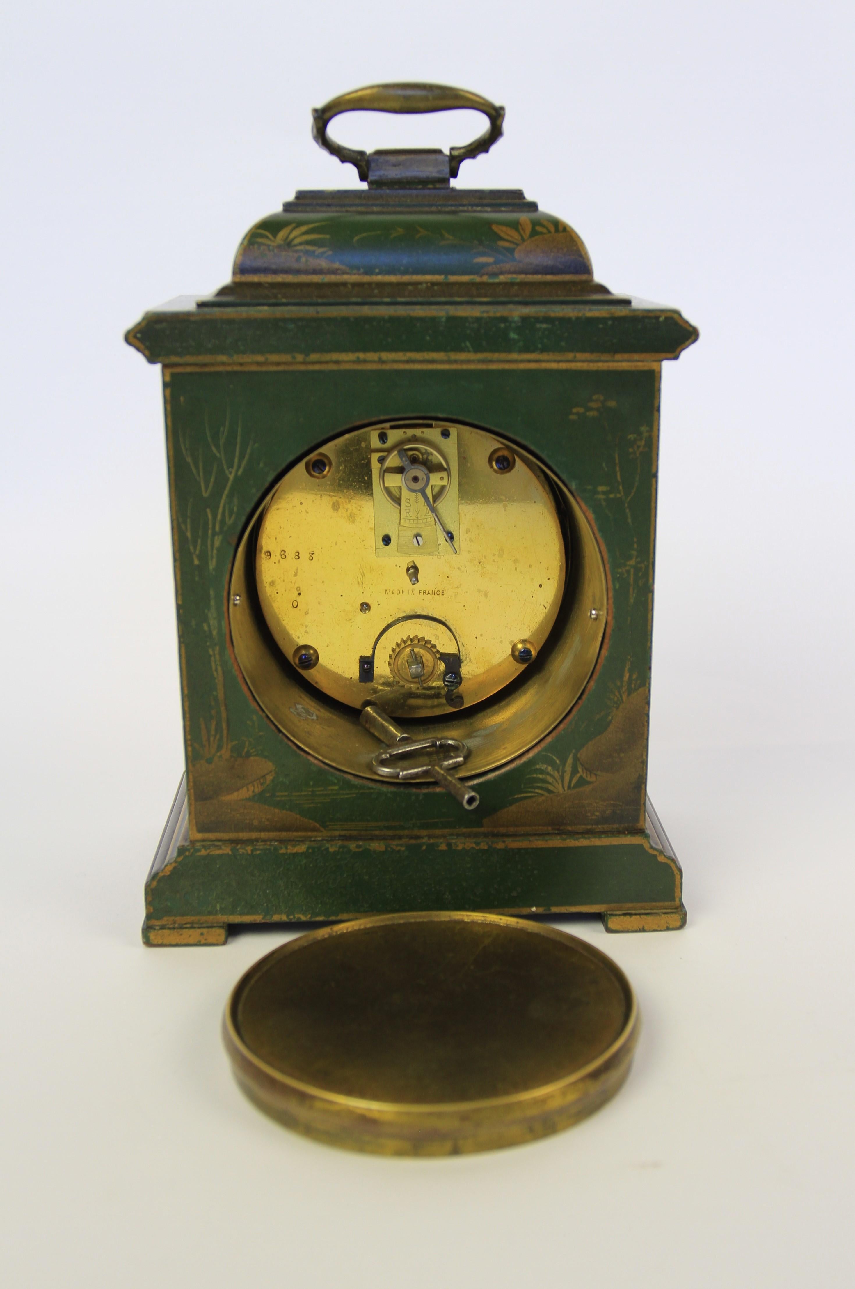 Lacquered Edwardian Chinoiserie Decorated Mantel Clock