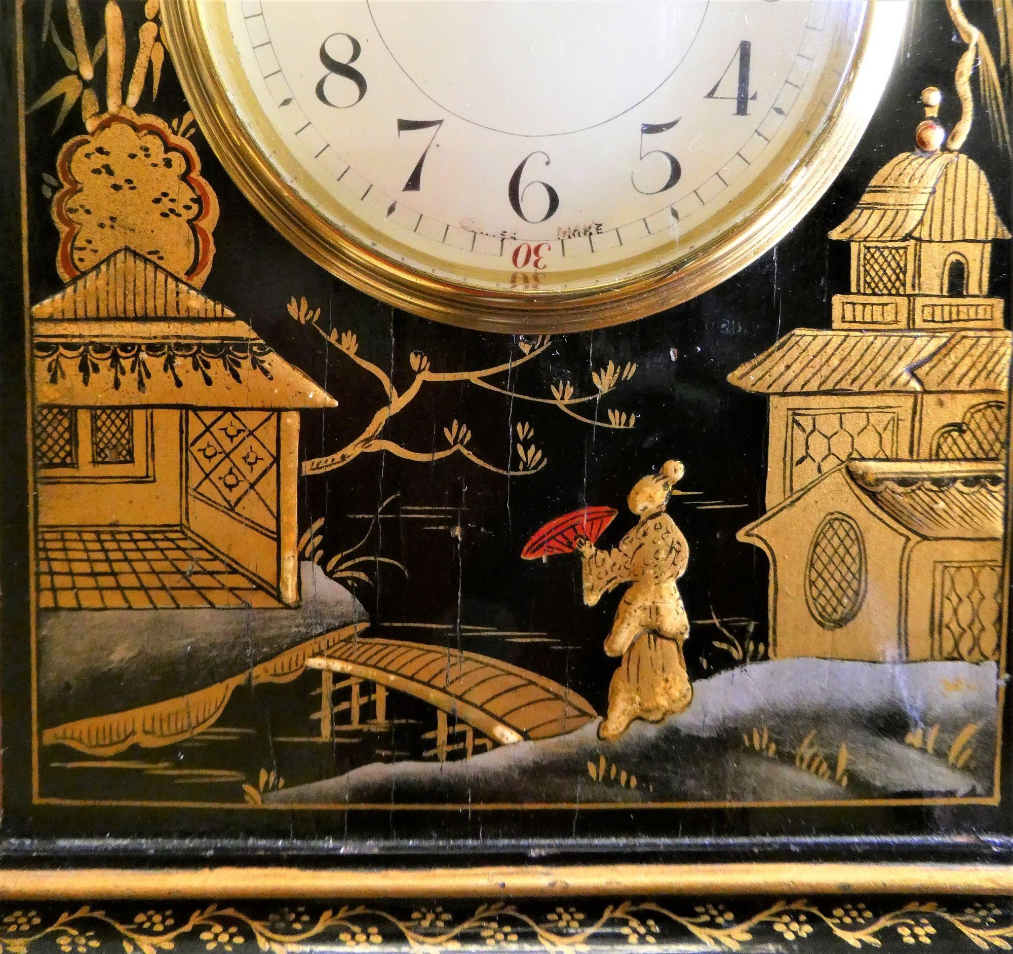 Fruitwood Edwardian Chinoiserie Decorated Mantel Clock, John Bagshaw, Liverpool For Sale