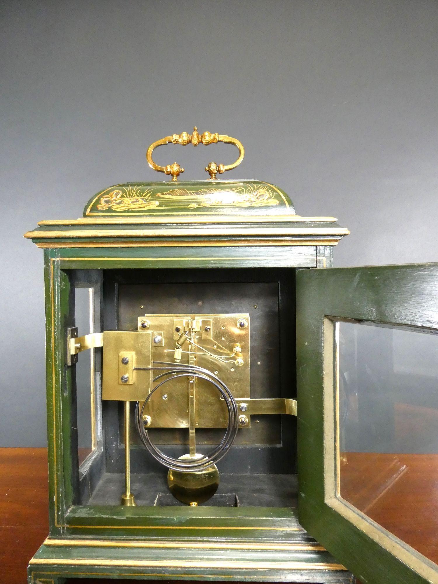Fruitwood Edwardian Chinoiserie Decorated Mantel Clock, Peerless For Sale