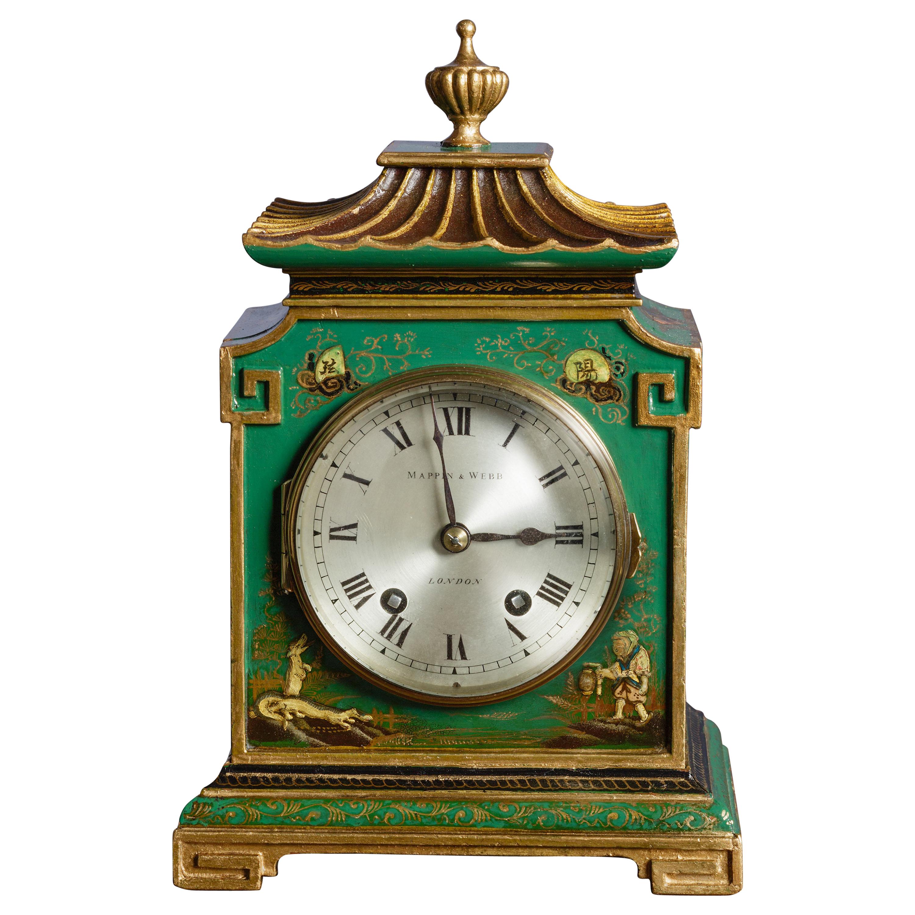 Edwardian Chinoiserie Decorated Mantel Clock Signed Mappin & Webb, London