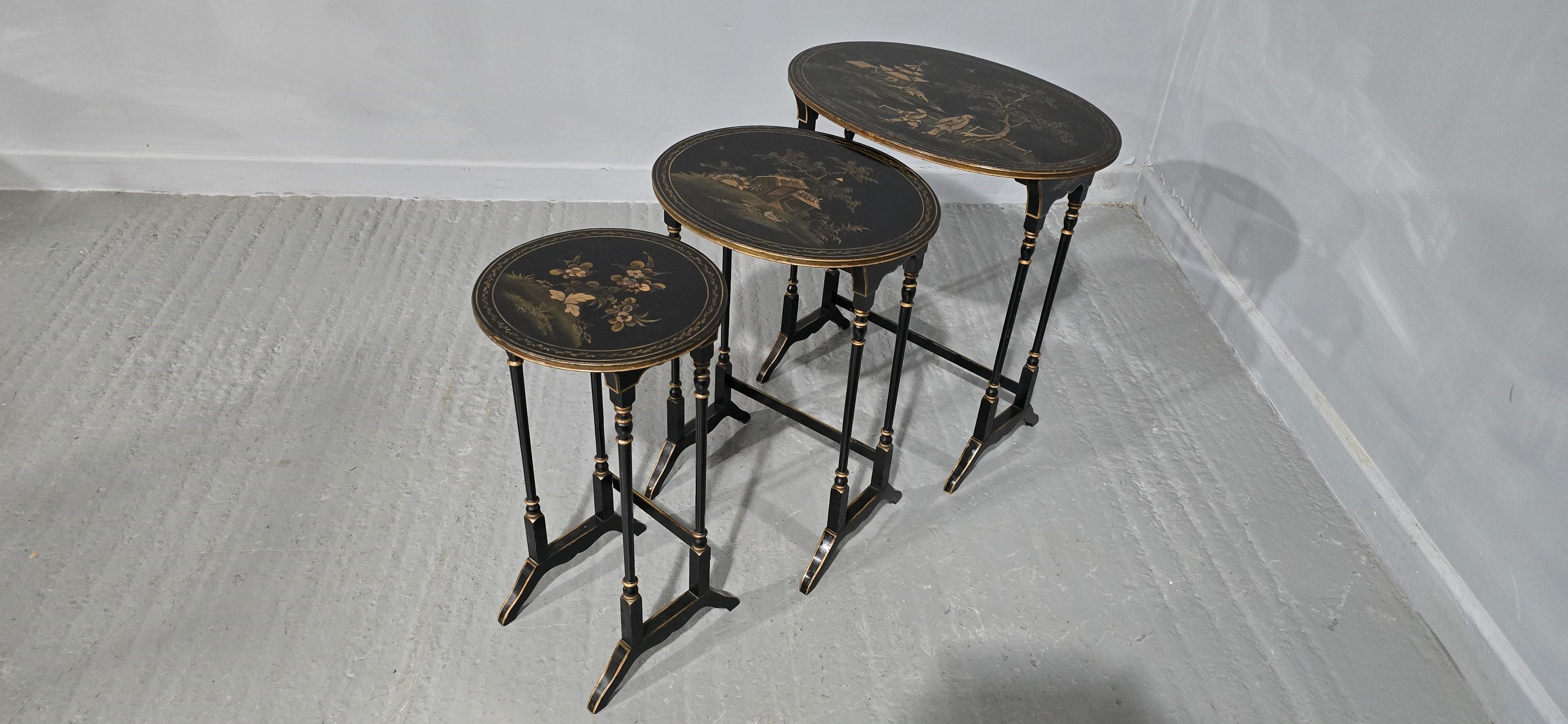 Beech Edwardian Chinoiserie Nest of Three Tables For Sale