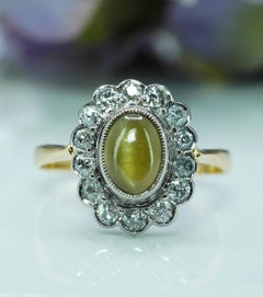 Edwardian Chrysoberyl Cats Eye Old European Diamond Ring 18K Platinum hallmarked