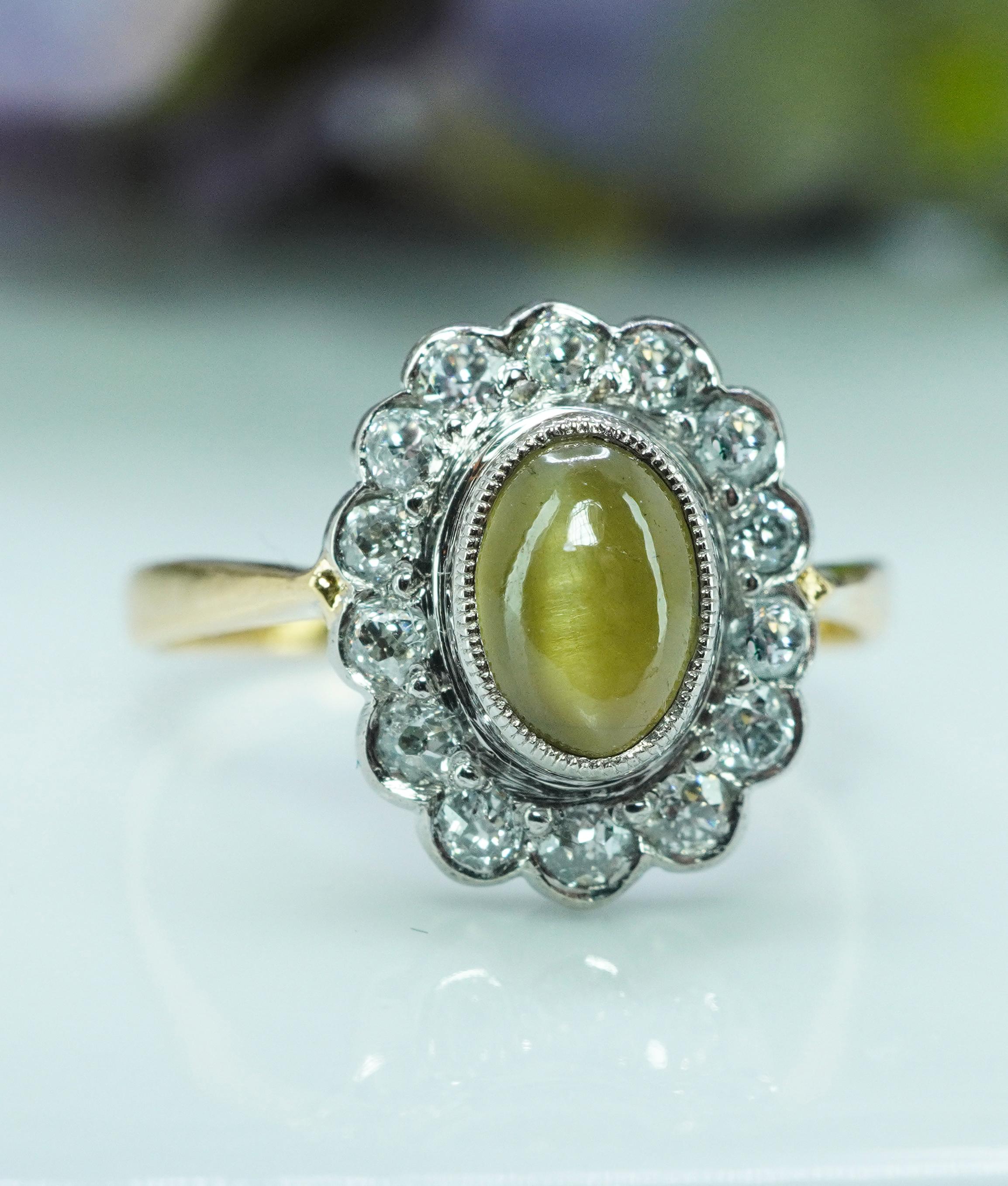 Edwardian Chrysoberyl Cats Eye Old European Diamond Ring 18K Platinum hallmarked In Good Condition For Sale In Brambleton, US