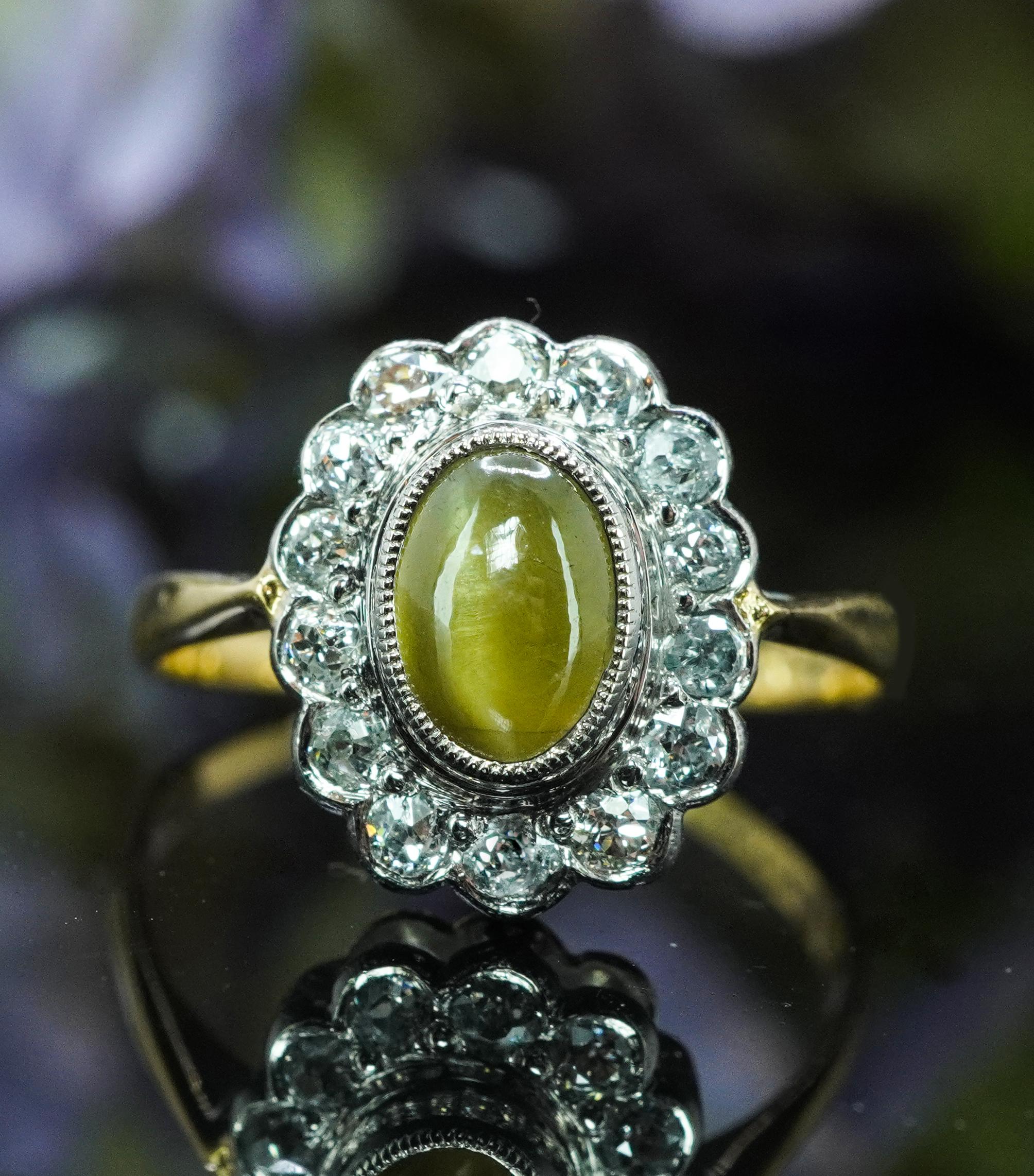 Women's Edwardian Chrysoberyl Cats Eye Old European Diamond Ring 18K Platinum hallmarked For Sale