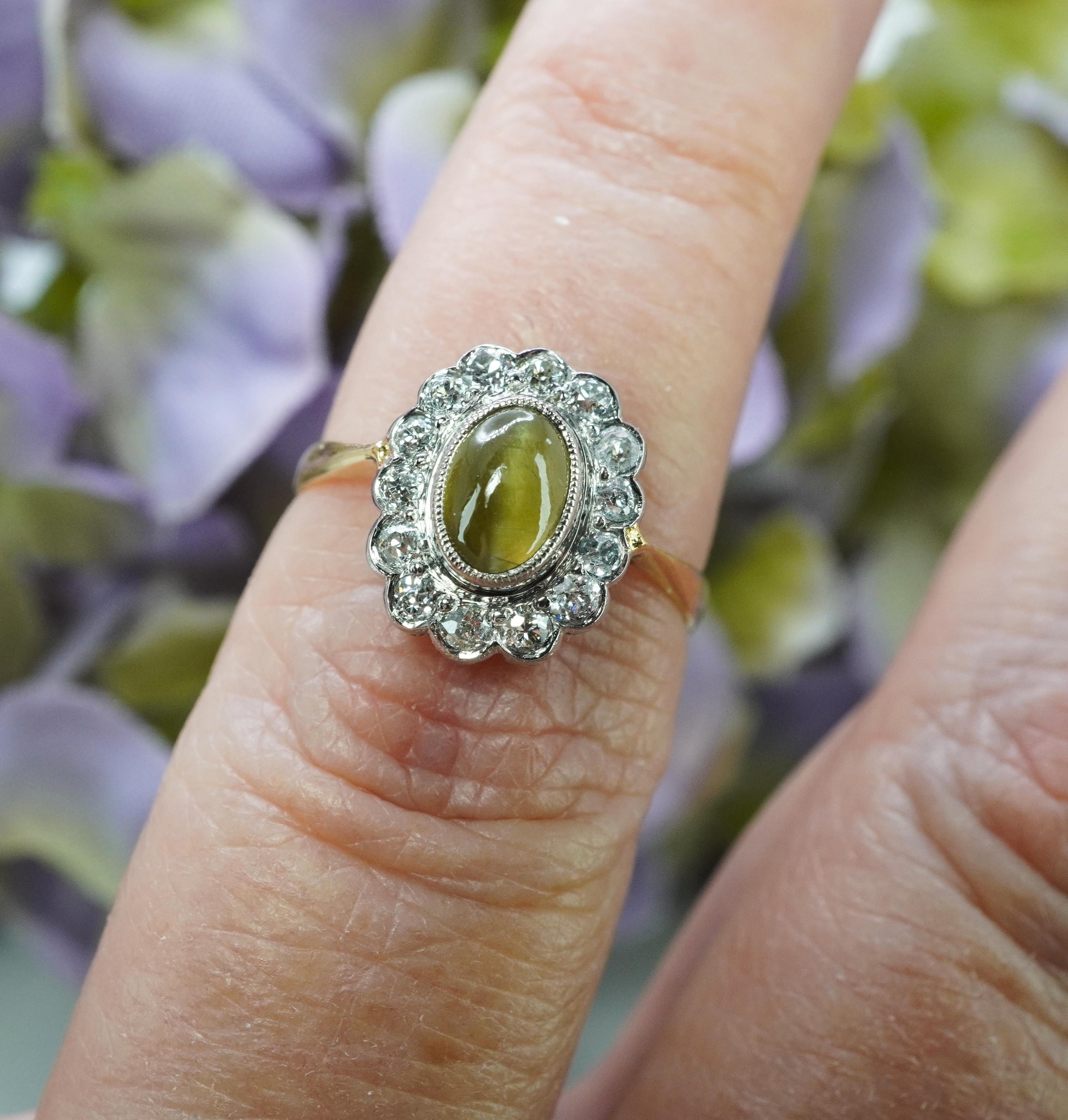 Edwardian Chrysoberyl Cats Eye Old European Diamond Ring 18K Platinum hallmarked For Sale 1
