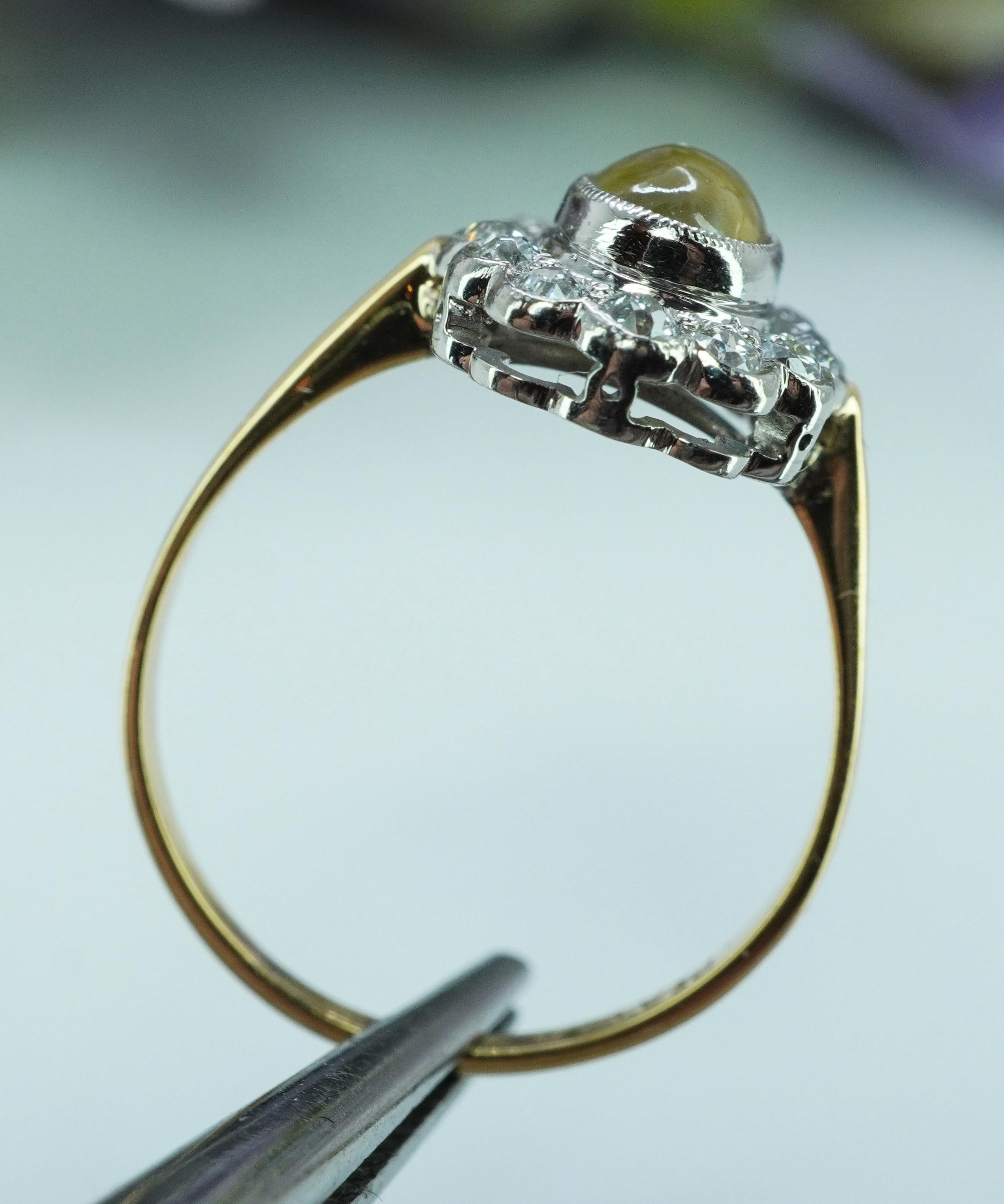 Edwardian Chrysoberyl Cats Eye Old European Diamond Ring 18K Platinum hallmarked For Sale 4