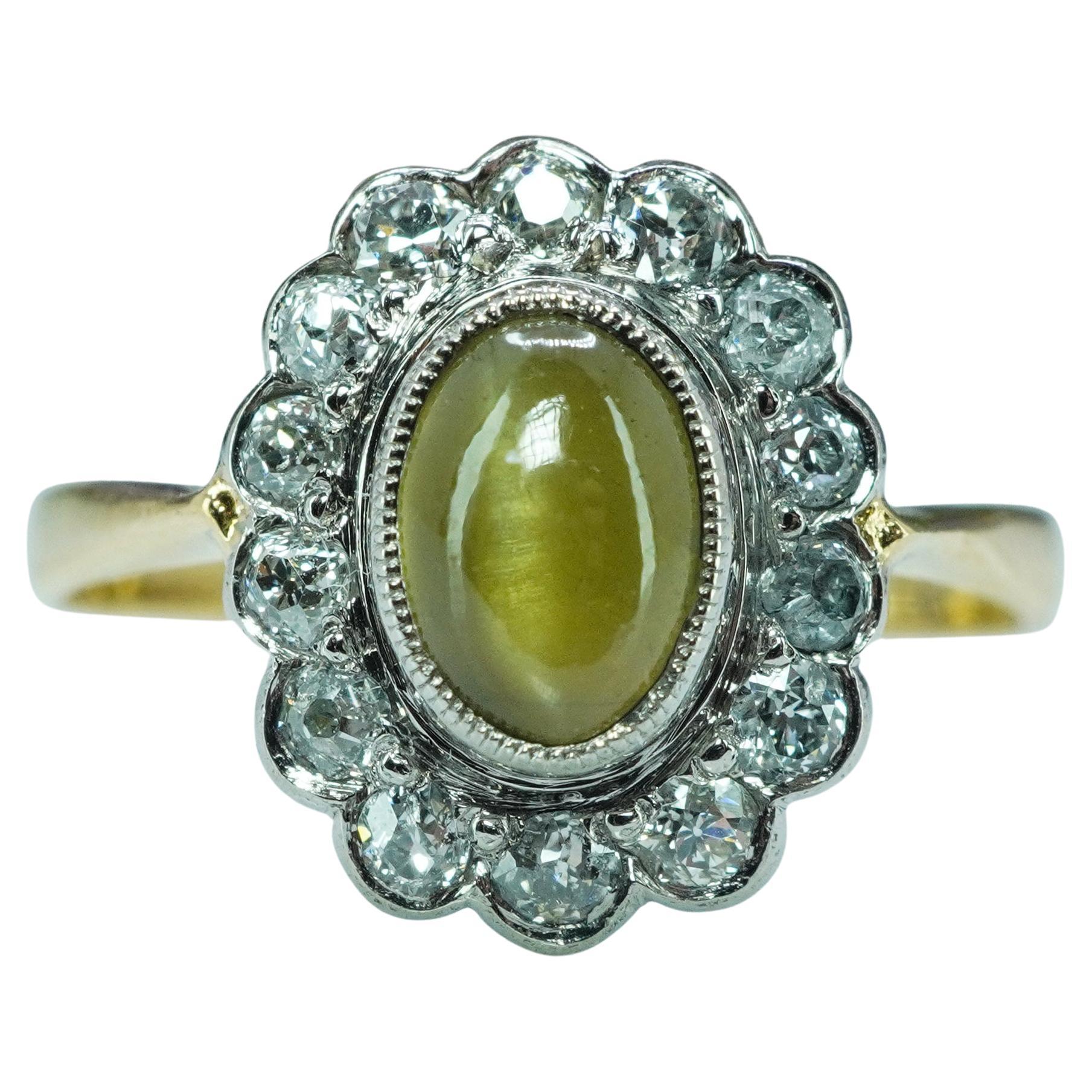 Edwardian Chrysoberyl Cats Eye Old European Diamond Ring 18K Platinum hallmarked For Sale