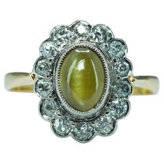 Edwardian Chrysoberyl Cats Eye Old European Diamond Ring 18K Platinum hallmarked