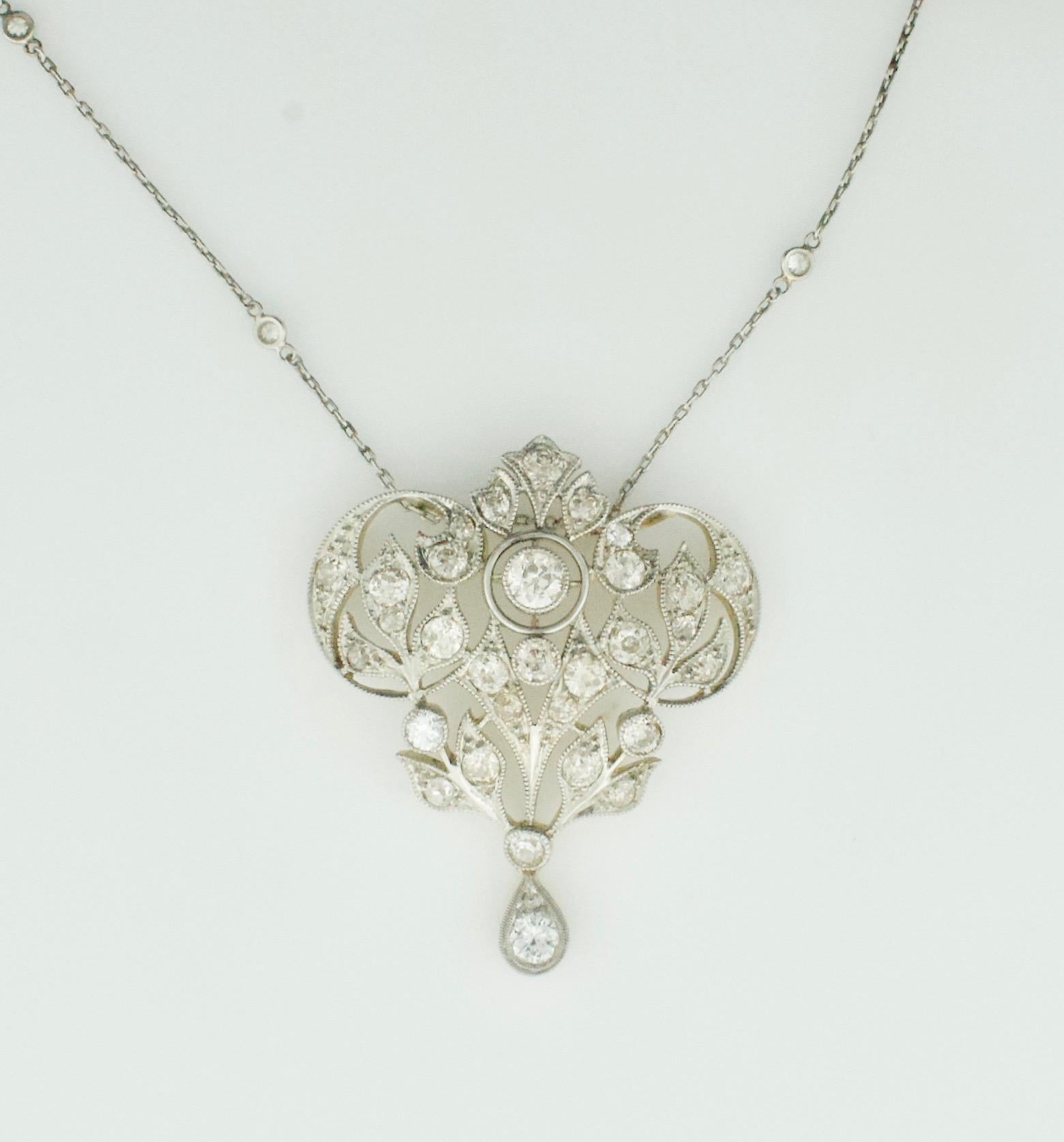Edwardian Circa 1800's Diamond Platinum on 14k Yellow Gold Necklace 
43 Old European Cut Diamonds weighing 3.00 carats approximately [GHI VVS-SI1]
On a 16 inch White Gold Chain
