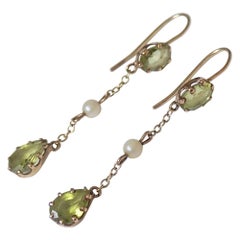 Antique Edwardian circa 1900 Gold Peridot and Pearl Drop Earrings