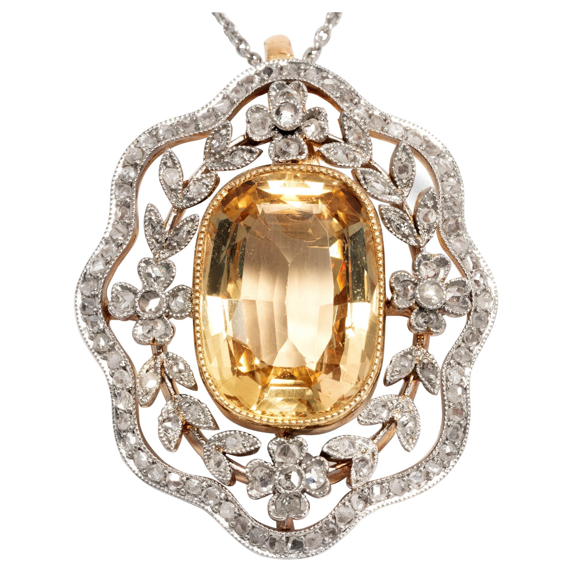 Edwardian circa 1910, Certified 11.2 Carat Topaz and Diamond Pendant Necklace