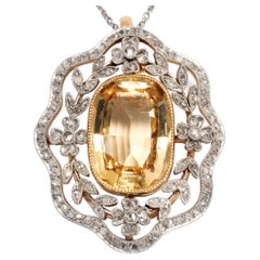 Edwardian circa 1910, Certified 11.2 Carat Topaz and Diamond Pendant Necklace