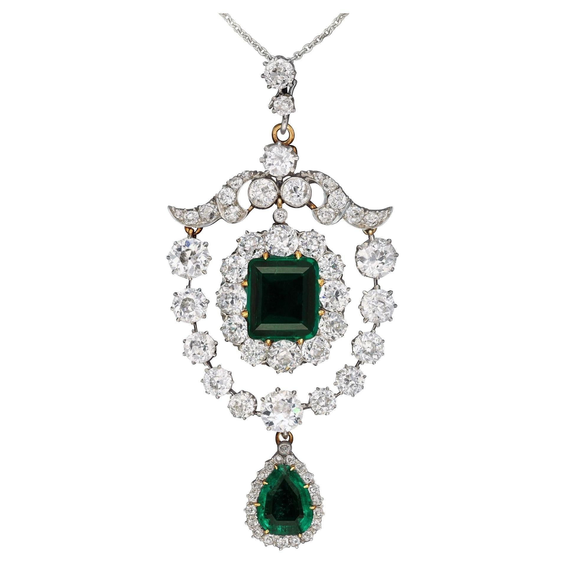 Edwardian circa 1910 Colombian Emerald Diamond and Platinum Pendant For Sale