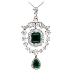 Antique Edwardian circa 1910 Colombian Emerald Diamond and Platinum Pendant