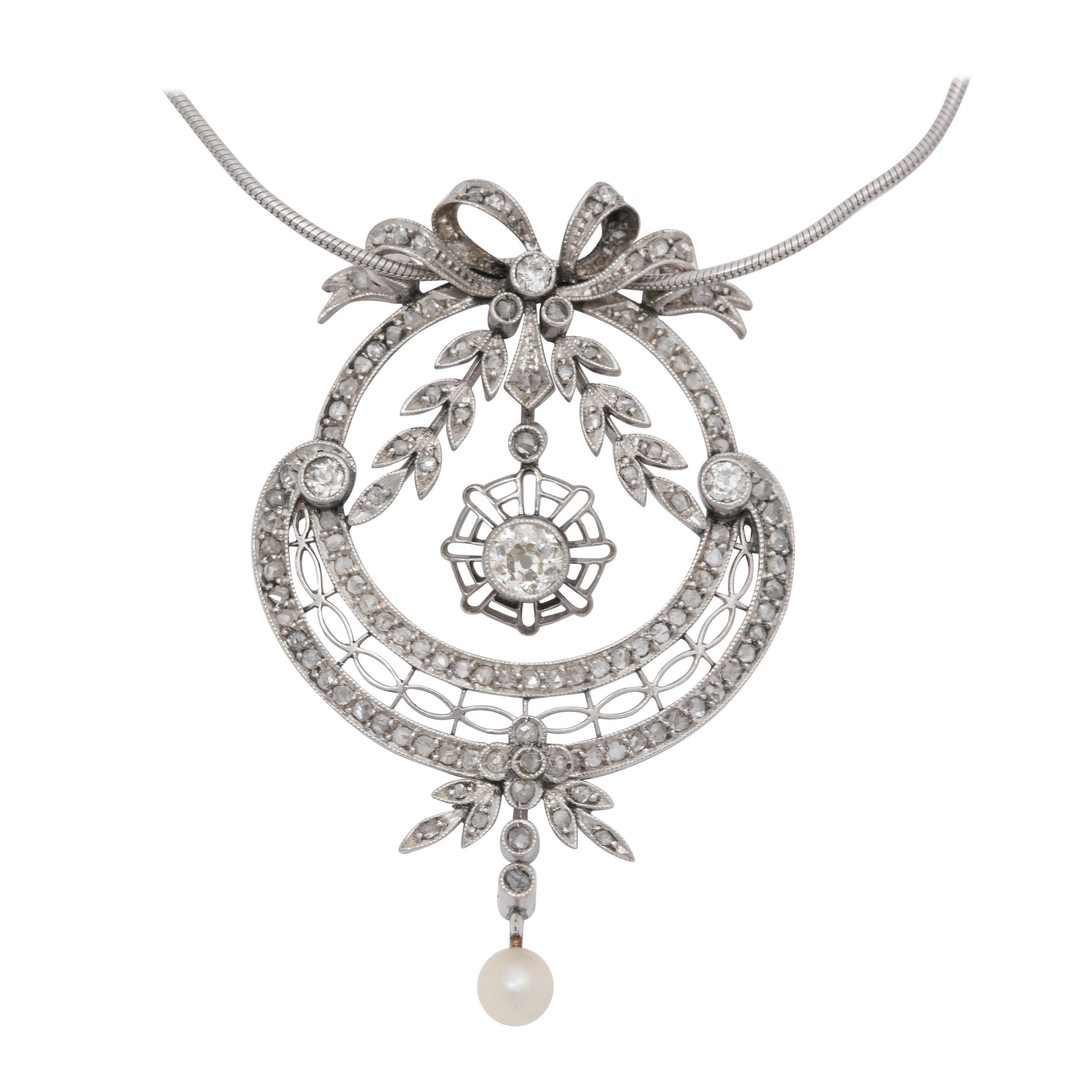Edwardian circa 1910 Delicate Handmade Diamonds with Pearl Platinum Pendant