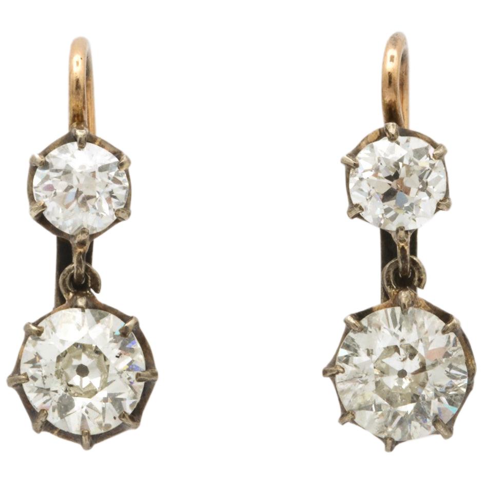 Edwardian circa 1910 Two-Stone Diamond Drop Gold Earrings with French Backs