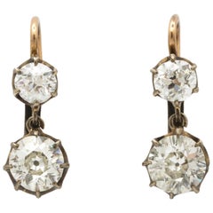 Edwardian circa 1910 Two-Stone Diamond Drop Gold Earrings with French Backs