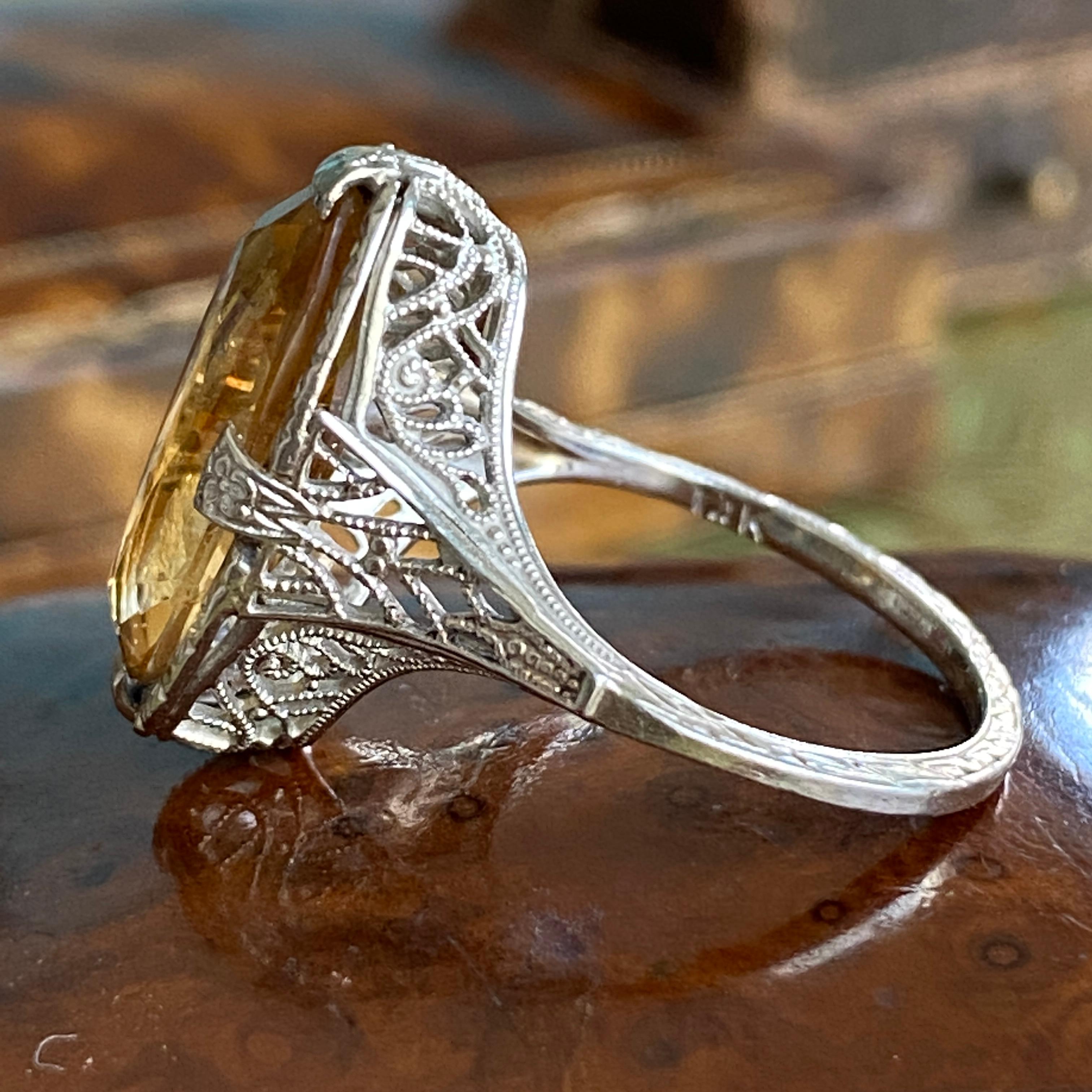 Edwardian Citrine 14K White Gold Filigree Ring For Sale 3