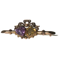 Edwardian Citrine, Amethyst and Pearl 9 Carat Gold Lovers Heart Brooch