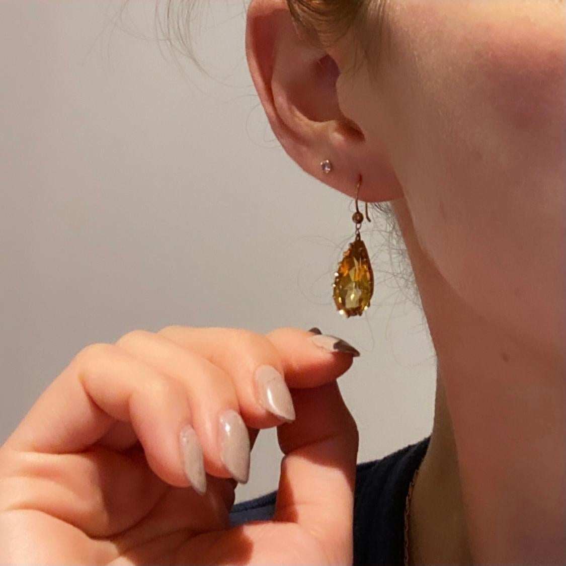 Pear Cut Edwardian Citrine and 9 Carat Gold Drop Earrings