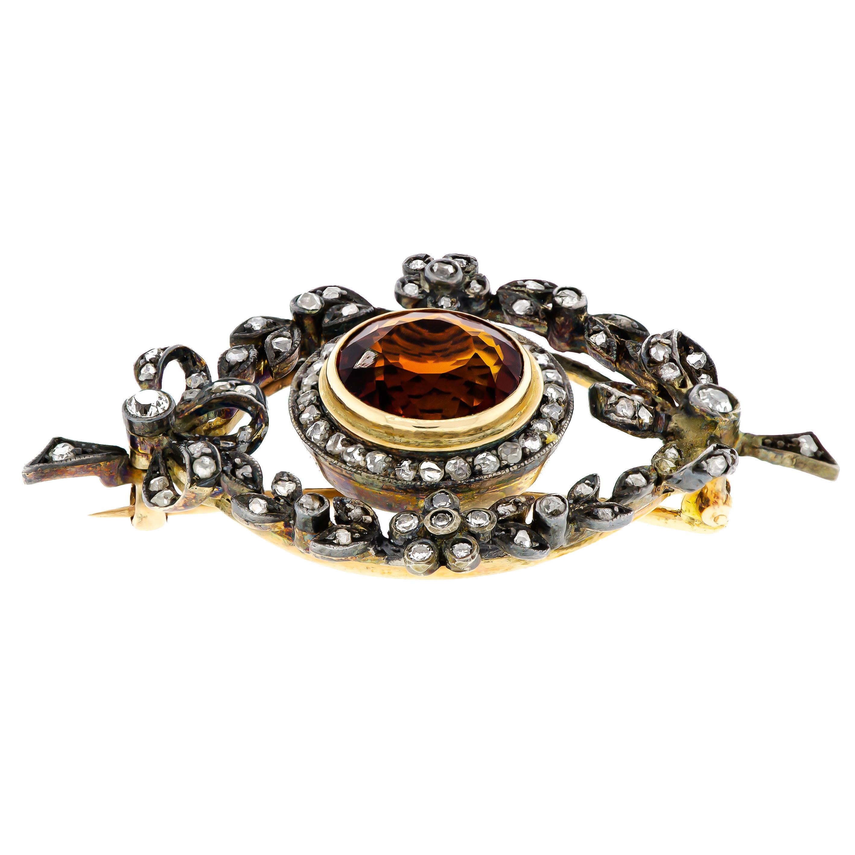 Edwardian Citrine and Diamond Bow Foliate Brooch In Good Condition For Sale In Wheaton, IL